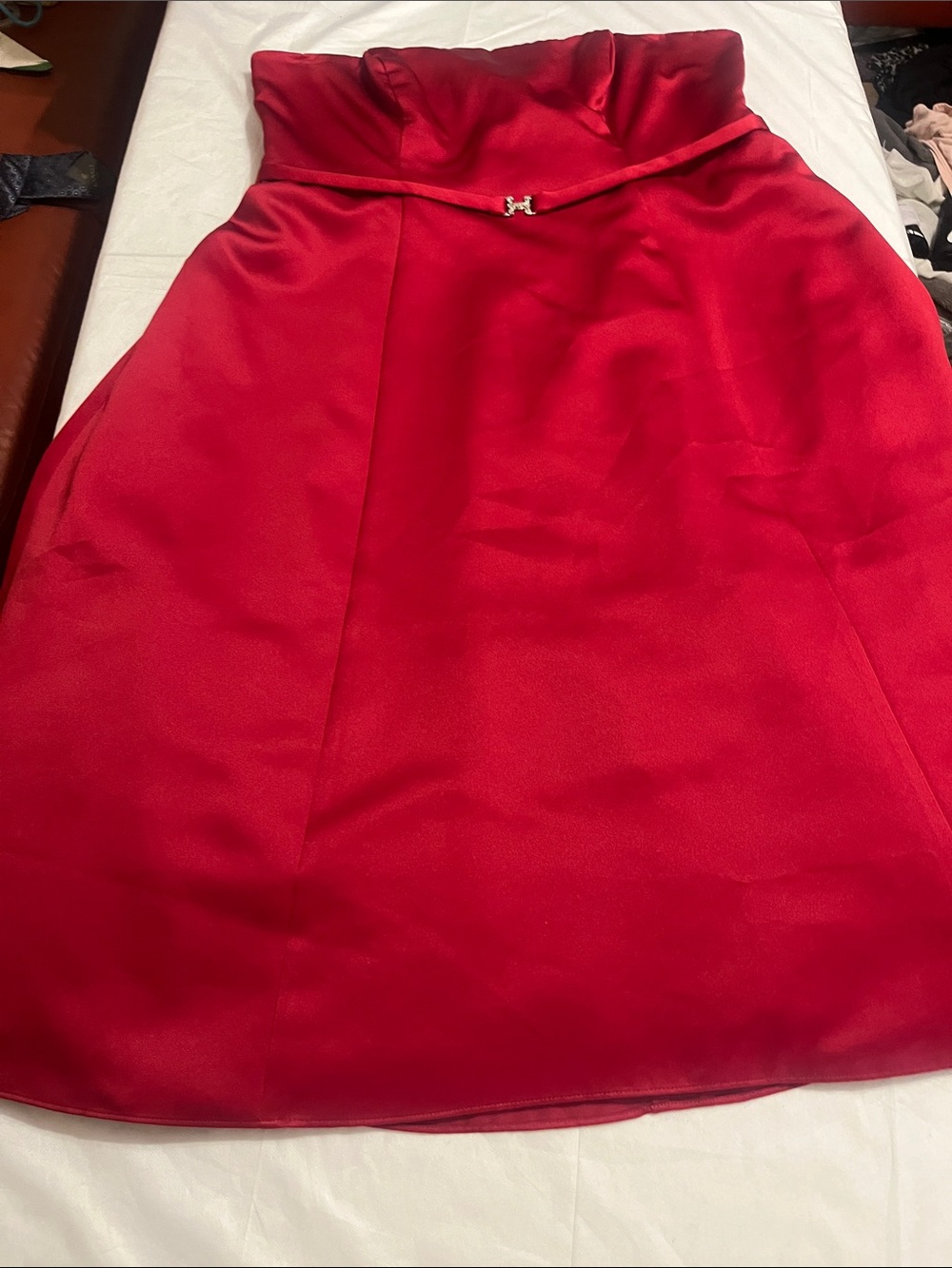 Michelangelo Red Strapless A-Line Satin Dress with Belt with Sparkly Rhinestone